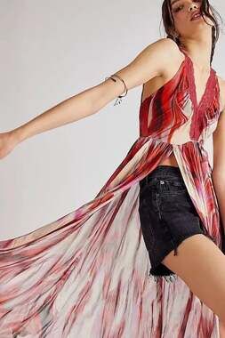Free People Siren Printed Maxi Dress or Top with Side Slit Medium Boho